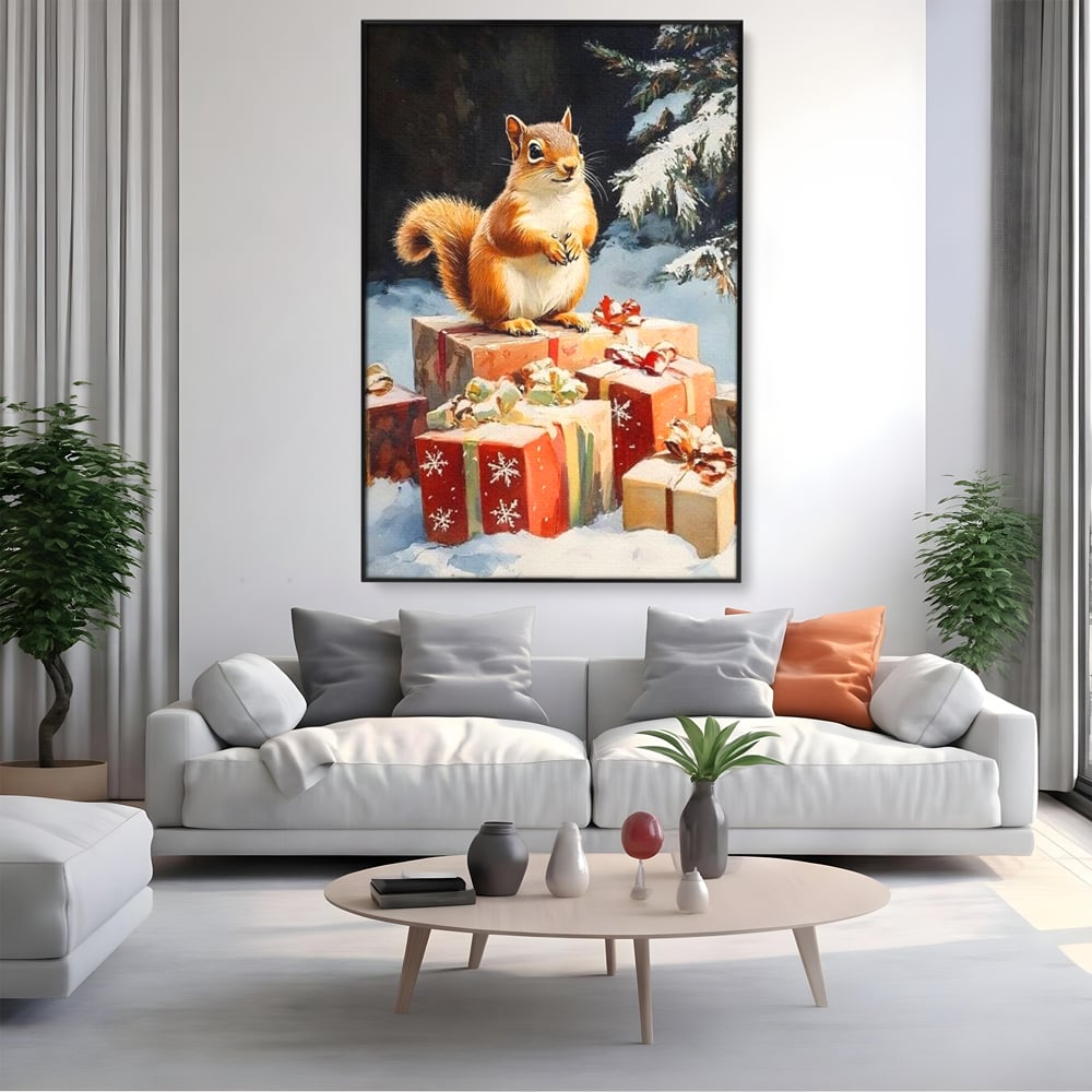 Tablou canvas cu tablou canvas cu veverita si cadouri de iarna, in rama de aluminiu negru, pe perete intr-un living